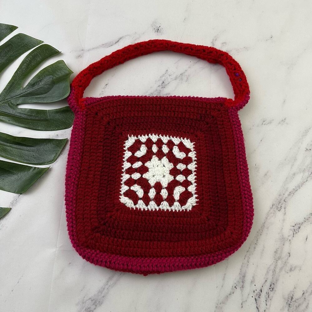 Handmade Crochet Knit Shoulder Bag Purse Red Pink Granny Square Boho Y2k